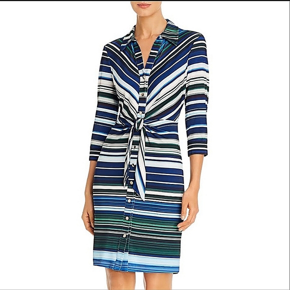 T Tahari Dresses & Skirts - T by Tahari Striped Aqua Jersey Dress With Belt. Size 12.